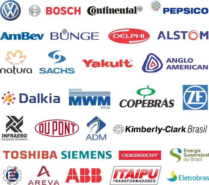 volkswagen, bosch, continental, pepsico, ambev, bunge, delphi, alston, natura, sachs, yakult, anglo, dalkia, mwm, copebras, zf, infraero, dupont, adm, kimberly-clark, toshiba, siemens, odebrecht, energia sustentavel, e, areva, abb, itaipu, eletrobras 
